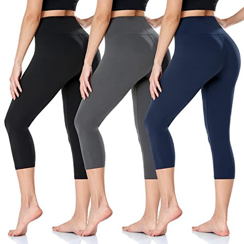 ACTINPUT Capri Leggings Damen 3/4 Caprihose High Waist Schwarz Sport Leggins Elastische Blickdicht Yogahose Sporthose Laufhose Sommer Große Größen Leggings (S-M, Schwarz/Dunkelgrau/Navy)