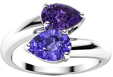 Bypass-Ring! 6X4 MM Birnenform Edelstein 925 Sterling Silber Zwei Stein Stapelbarer Damen Ehering (Simulierter Amethyst & Simulierter Tansanit, 19)