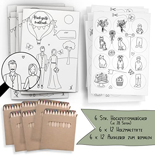Schokoladenseite 6er Set: Hochzeitsmalbuch mit verschiedenen Brautpaar Designs und bemalbaren Aufklebern! 6 Malbücher für Kinder mit Stiften und je 12 Aufkleber. (S+M, mit Stiften)