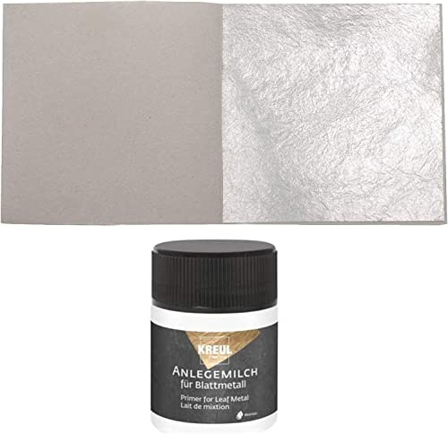 10 Blatt Echtes Blattsilber 6cm x 6cm Echt Silber 925 zum Versilbern & Basteln Künstlerbedarf Silberblatt Silberfolie Dekorfolie + 1 x Kreul Anlegemilch Klebstoff 50 ml