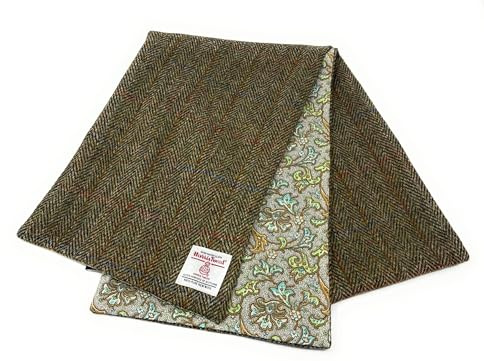 Scott and MacKenzie Harris Tweed Liberty Schal mit Baumwollfutter, Fischgrätenmuster, Grün, Grün , W9in x L57.5in