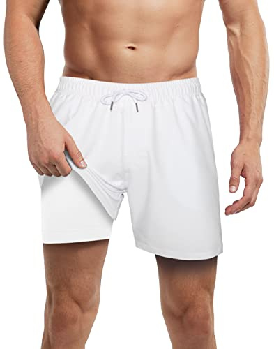 LUCOWEE Mens Swim Trunks with Compression Liner Anti Chafe Quick Dry UPF 50+ Swimming Shorts 5 7 Inseam Bathing Suit