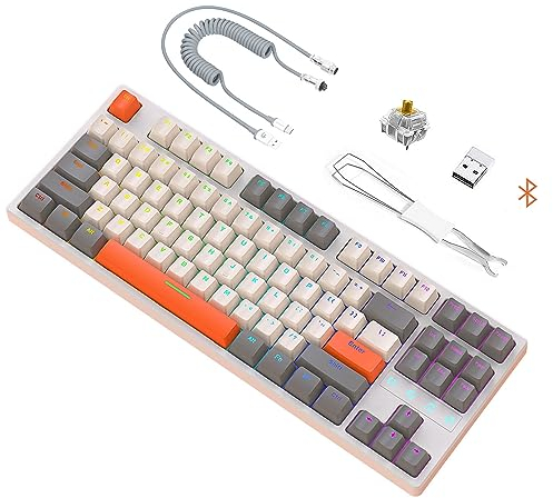 ATTACK SHARK K87 Mechanische Tastatur TKL 87 Tasten Hot-Swap-fähige Mini-Bluetooth-Gaming-Tastatur mit RGB-Hintergrundbeleuchtung, Spiralkabel Typ C, gelber Schalter, wiederaufladbarer 3000-mAh-Akku
