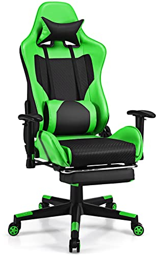 COSTWAY Bürostuhl mit einziehbarer Fußstütze, Lendenkissen & Kopfstütze, ergonomischer Gaming Stuhl, Schreibtischstuhl mit verstellbaren Armlehnen, gepolsterter Computerstuhl PC-Stuhl (Grün)