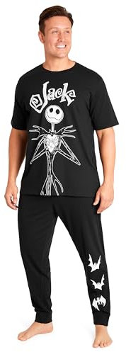 Disney Mens Pyjamas Jack Skellington Donald Duck Grumpy Men's Nightwear Set T-Shirt Long Bottoms PJs M-3XL Loungewear (Black Jack, M)