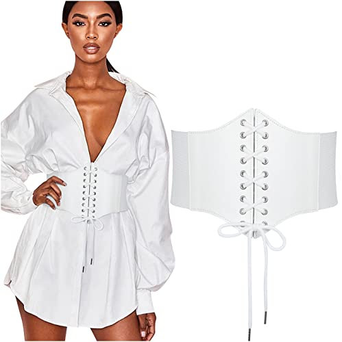 WHIPPY Damen Schnürkorsett gebundener Waspie Breitgürtel elastischen Korsett Taille Gürtel Schnürgürtel,Weiß 65cm