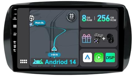 YUNTX [8GB+256GB] Android 14 Autoradio per Benz Smart 453 Fortwo (2014-2020)-[Incorporato Carplay/Android Auto/DSP/GPS]-IPS 2.5D 9 Touch Screen-Camera+MIC-DAB/Mirror Link/Bluetooth 5.0/WiFi/USB/4G