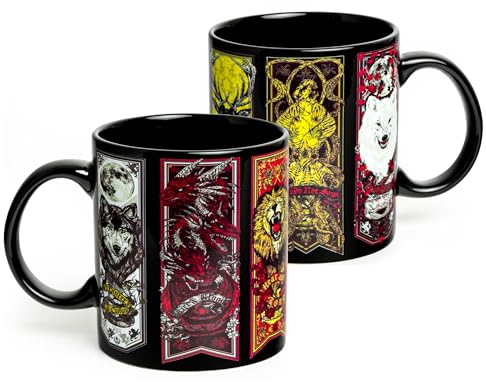 Mean Muggin Große Keramiktasse mit Aufschrift Thrones House Banners, glänzend, inspiriert von GOT, Targaryen-Lannister-Stark-Baratheon-Tyrell, Geschenkbox, Schwarz, 590 ml