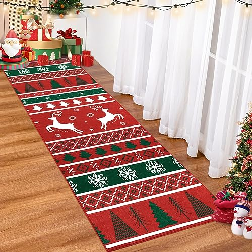 LuxFocus Läufer Teppich, rutschfest Weihnachtsteppiche für Wohnzimmer Schlafzimmer Weihnachten Schneeflocke Elch Moderner Weicher Teppich Maschinenwaschbare Bodenmatte, 60 x 230 cm