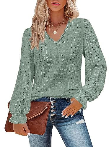 Flikity V Neck Shirts for Women UK, Lace Neck Puff Long Sleeve Eyelet Tops Casual Work Lady Blouses Office Daily Wear Lightweight Tunic Elegant Trendy Spring Autumn Clothes Soild Green S