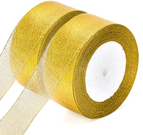 G2PLUS Gold Geschenkband Weihnachten, 40mm Organza Schleifenband Weihnachten, 44M Glitzer Breit Geschenkbänder zum Weihnachten Geschenk Verpackung