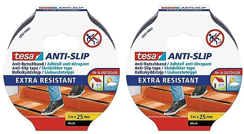 tesa Anti-Rutschband - Rutschfestes Klebeband für innen und außen - Für Treppen, Leitern und glatte Böden - Schwarz - 5 m x 25 mm (Packung mit 2)