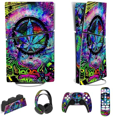 playvital Autocollant Protection pour ps5 Slim Console Accessoires,Sticker Skin pour ps5 Manette & Télécommande & Casque & Station de Charge,Digital Edition-Feuille Psychédélique