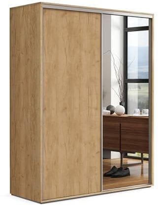 B&M Furniture Großer Kleiderschrank mit Schiebetür und Spiegel - mit Einlegeböden und Kleiderstange - für Garderobe, Schlafzimmer - Freistehend - Holzimitat Eiche Gold Craft - 150 cm B, 245 cm H