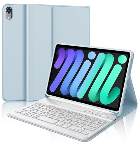 Keyboard Case for iPad mini 7th Gen(A17 Pro, 2024) & 6th Gen(2021) 8.3, UK Layout Wireless Bluetooth Keyboard, Slim Cover with Pencil holder for iPad mini 7th/6th Generation 8.3 inch, Sky Blue