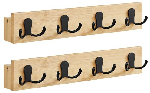 SONGMICS Porte-manteau Mural, Lot de 2, Crochets à Manteaux avec Étagère, 8 Crochets Doubles en Métal, Gain de Place, pour Entrée, Salon, Chambre, Charge Jusqu’à 16 kg, Bambou Naturel LCR062N01