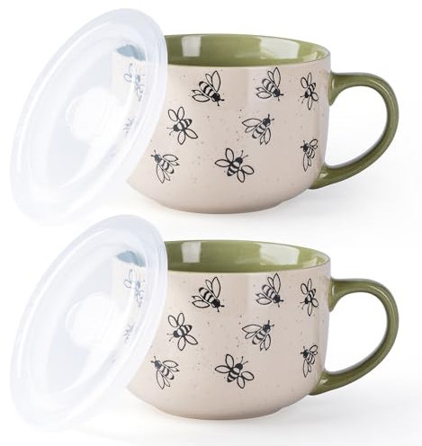 AmorArc 24 Ounces Ceramic Soup Mugs with Lids and Handle, Stoneware Bowls Cup Set of 2 for Coffee, Soup, Stew, Noodle. Beautiful Mug Bowls With Bees Patterns, Microwave&Dishwasher Safe, Olive