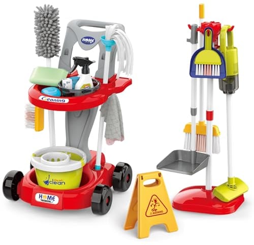 Kids Cleaning Set Age 3+ for Kids Pretend Play Housekeeping Supplies Kits with Real Working Vacuum Cleaner, Broom, Spray Bottle, Dust Pan and More Role Play Educational Toys for Boys Girls (Red)