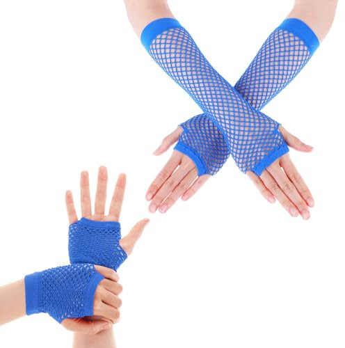 2 Pairs Long & Short Fishnet Mesh Gloves - Fingerless, 80s 90s Party Costume Accessories for Women & Girls (Royal Blue)