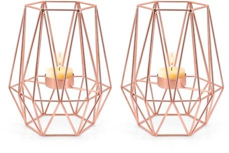 MoYouno 2 Stück Metall Teelichthalter Set, Kerzenhalter Metall,Hohl Eisen Dekorative Kerzenlaternen Halter, Home Ornament für Wohnzimmer, Hochzeit, Party,Teelichthalter Hochzeit (Rose Gold, L)