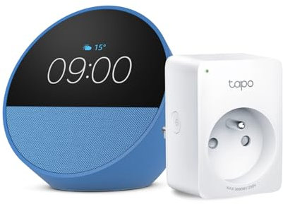 Echo Spot | Bleu + Tapo Matter Prise Connectée, Fonctionne avec Alexa - Kit de démarrage Maison connectée