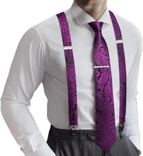 Barry.Wang Set di bretelle e cravatte da uomo tipo X, con fermacravatta e fermacravatta, motivo cachemire, formale, per matrimoni, feste di fine anno, Viola, Taglia unica