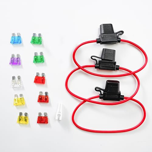 JOREST 3pcs 12AWG Portafusibili In-linea standard, Portafusibili automobilistico a lama ATC/ATO per auto/camion/moto + 10pcs fusibili Medio (10A 15A 20A 25A 30A 35A 40A) + Estrattore fusibili+ Nastri