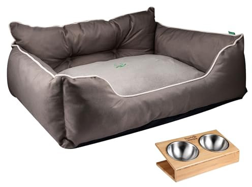 United Colors of Benetton Haustierbett | Braun | Maße 90 x 70 x 28 cm | ergonomisches Bett für mittelgroße Hunde | maschinenwaschbarer Bezug | und Futternapf aus Edelstahl und Halterung aus Bambus