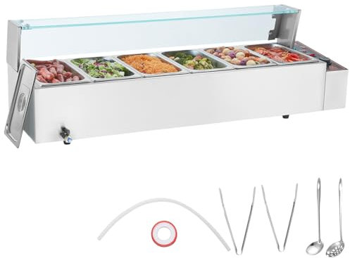 VEVOR Chauffe-Plat Buffet à 6 Bacs de 4,7 L, Bain-Marie Électrique 1500 W, Buffet Chauffant en INOX, Écran en Verre, Température Réglable 30-85 °C, pour Réchauffer Aliments Restauration Soirée Fête