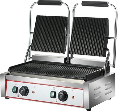 Stalwart Double Panini Contact Grill, Heavy Duty Ribbed Top & Bottom, Large Cooking Area, Tempered Steel and Cast Iron Plates 2 x 1.8KW