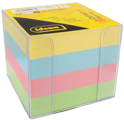 Idena 11183 - Bloc de notas, transparente, 9 x 9 x 8 cm, incl. bloc de 700 hojas, papel FSC-mix en 4 colores