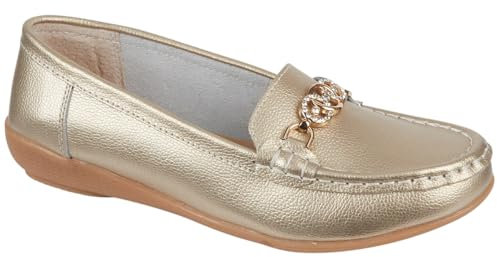 Jo & Joe Ladies Leather Slip On Gold Effect and Diamante Trim Loafers (Gold, UK Footwear Size System, Adult, Women, Numeric, Medium, 7)