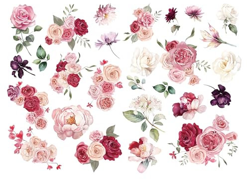 Joeyan Möbel Aufkleber, Rose Blumensträuße Rub auf Transfers für Handwerk, 2 Große Aquarell-Design 43x30cm, DIY Home Decal auf Holz Glas Metall Leinwand Porzellan Papier Kunststoff, Rosa Traum