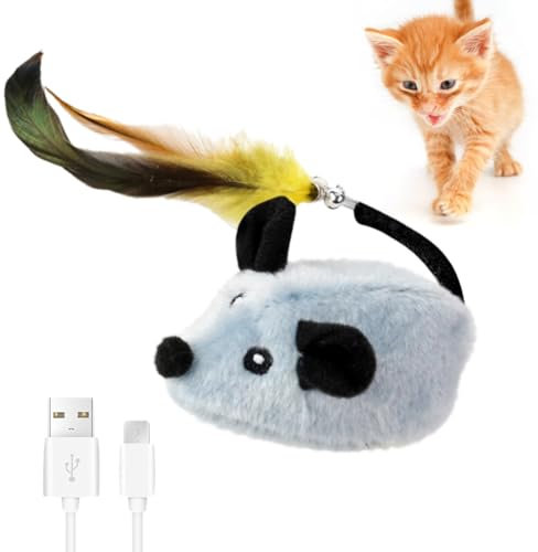 Zinueen Souris de jeu électrique pour chat - Souris interactive avec queue en plumes et clochette - Chargement USB - Pour chat et contre l'ennui