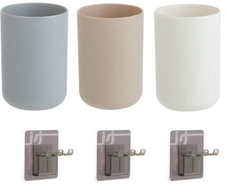3 Pièces Gobelets pour brosses à Dents - Gobelet Salle de Bain 300ml - Plastique Alimentaire - Organisateur pour brosses à Dents - Convient pour la Salle de Bain et Le lavabo (Blanc, Gris, Marron)