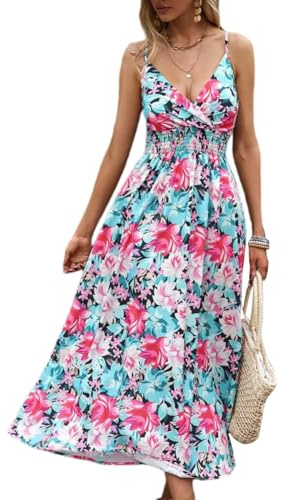 XIVISTO Robe à Bretelles Femme Longue Casual Fleurie Ete Col en V Sexy Boheme sans Manche Elegant Tunique Swing Casual Robe Vintage Dress Vacances Plage