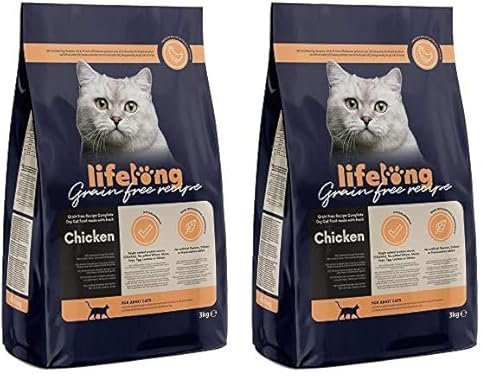 Amazon-Marke: Lifelong - Katzenfutter für ausgewachsene Katzen, Fein zubereitetes Trockenfutter mit frischem Huhn, Getreidefreie Rezeptur, 3 kg (1er-Pack) (Packung mit 2)