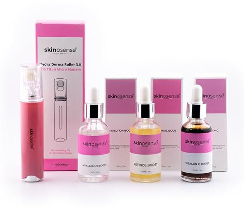Skinosense® Anti-Falten Set, Hydra Derma Roller 3.0 mit 105 Nadeln & 3 Seren (Hyaluron, Retinol, Vitamin C), für glattere Haut, Reduktion von Falten & Pigmentflecken, vegan & tierversuchsfrei