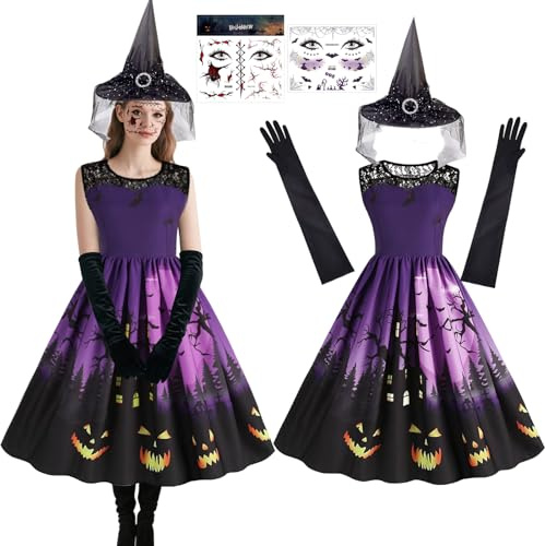 Deguisement Halloween Femme, Costume Halloween Femme Deguisement Sorcier avec Chapeau Sorciere Gants Autocollants, Costume Dame Halloween, Déguisement Dame pour Party Carnaval Cosplay