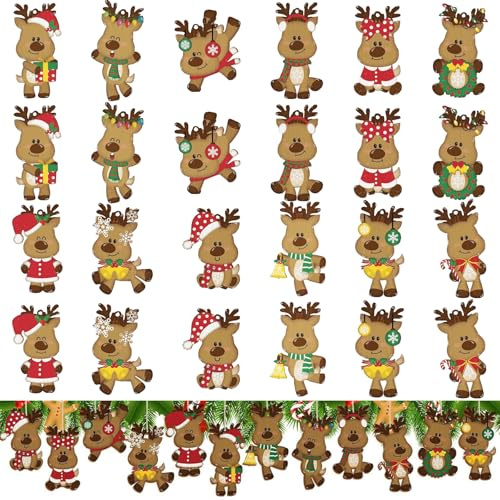 PacuM 24 Pezzi Decorazioni Albero di Natale Legno Con Foro Appenderlo | Ciondolo Alce di Natale Legno Decorazioni Natalizie Renna Ciondolo per Albero Natalizie finestre Caminetti Decori