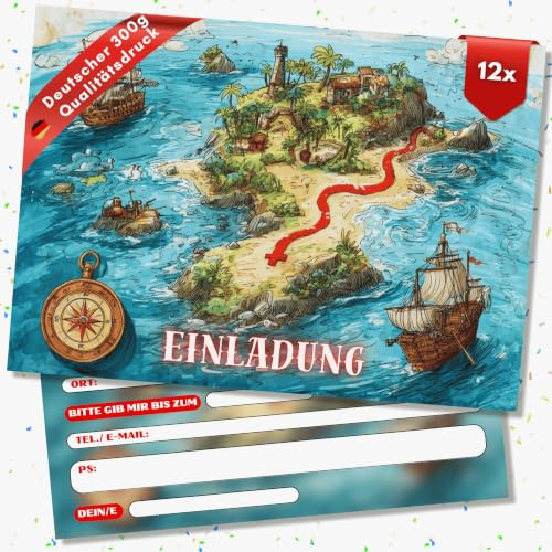 HIDEBLOOM Schatzkarte Einladungskarten Kindergeburtstag Junge und Mädchen - 12 Stück - DIN A6 (10,5 cm x 14,8 cm) - Pirat Geburtstagseinladungen - Piraten Einladungskarten Schatzsuche