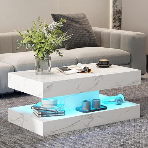 COSVALVE White Marble Coffee Table for Living Room with 24 Colors LED Light, 2 Tier High Gloss Modern Centre Table Rectangle Tea Table for Home, Office Furniture