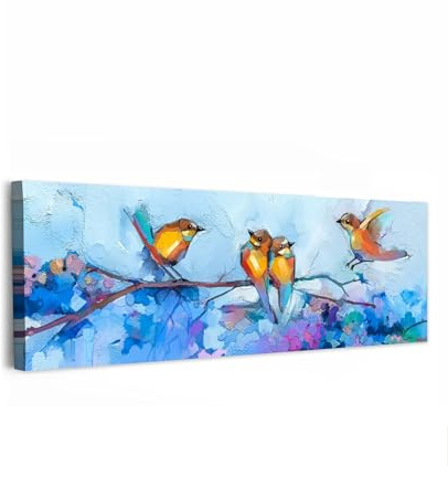 MuchoWow© Leinwand Bilder XXL Wanddeko Groß Wohnzimmer Aesthetic Room Decor | 120x40 cm - Deko Zimmer Wandbilder Modern Panorama Großes Wandbild Gemälde - Ölfarbe - Vogel - Ast