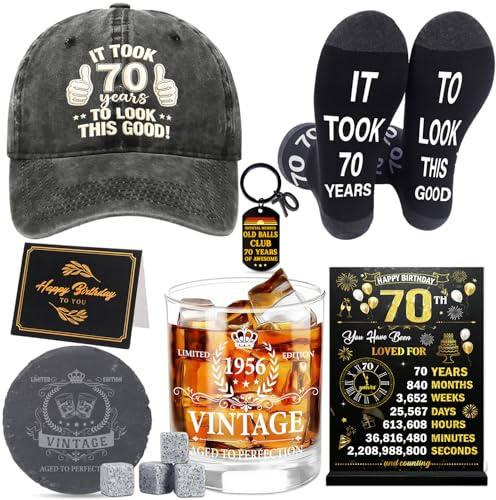 JoyAura 70th Birthday Gifts for Men Vintage Hat 1956 Beer Glass Gift Set | 70 Year Old Unique Presents with 4 ice Stones Keychain Personalised Socks for Husband Brother Friend Colleague