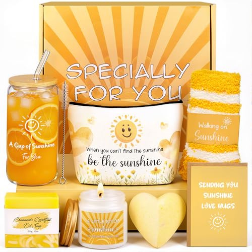 Sunshine Gifts for Women, 8Pcs Yellow Self Care Gift Basket with Glass Tumbler, Cosmetic Bag, Scented Candle, Thinking of You Gift for Her, Mum, Best Friend, Birthday, Get Well Soon, Christmas