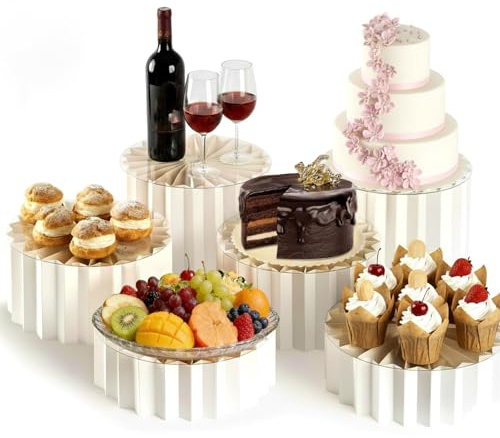 CAAGGMM Buffet Risers, 4 Pack Foldable Cake Display Risers, White Cardboard Cylinder Stands with Round Acrylic Plates, Cake Cupcake Stands, Dessert Tables, for Cupcake, Candy, Brunch, Dessert, Buffet