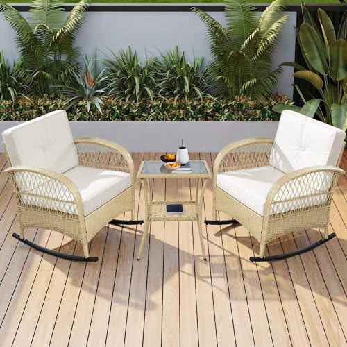UATARU Balkonmöbel Schaukelstuhl Set, 3tlg Rattan Gartenset 2 Schaukelstühle mit Tisch, Balkon Terrasse Set Outdoor inklusive Kissen für 2 Personen (Beige)