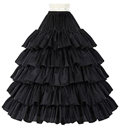 BEAUTELICATE Damen Reifrock Brautkleid Lang A-Linie Petticoat Rockabilly Barock Kleid Unterröcke Krinoline 4 Ringe mit Rüschen fur Hochzeit Karneval Halloween (Schwarz, S-M)