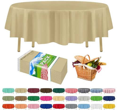 ZIMPLEWARE Premium Beige Plastic Table Cloth Disposable (12 Pack) Round Tablecloth (84in) Party Table Cloths Disposable, Perfect Table Cloth Round Cover for Any Table Up to 6 Feet | Beige Durable Plastic Table Covers, Disposable Tablecloths, fade and tear-resistent table cover for party, event