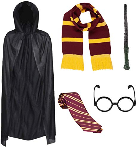 Dunkler Zauberer Weltbuchtag Kostüm für Erwachsene, 5-teiliges Set – mit Kapuze, schwarzer Umhang, Zaubererschal, Zauberstab, Krawatte, Brille, Kastanienbraun & Gold Halloween-Kostüm